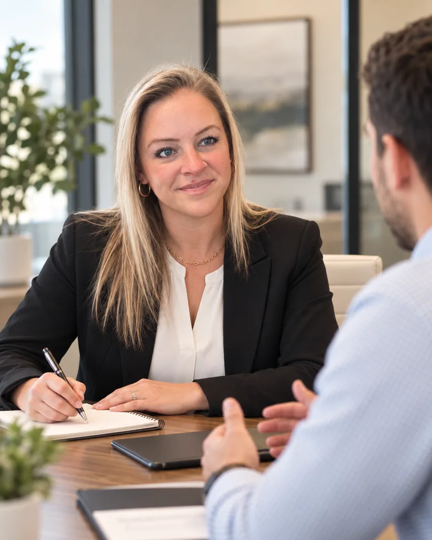Jennifer Schmitt meeting one-on-one with a professional
